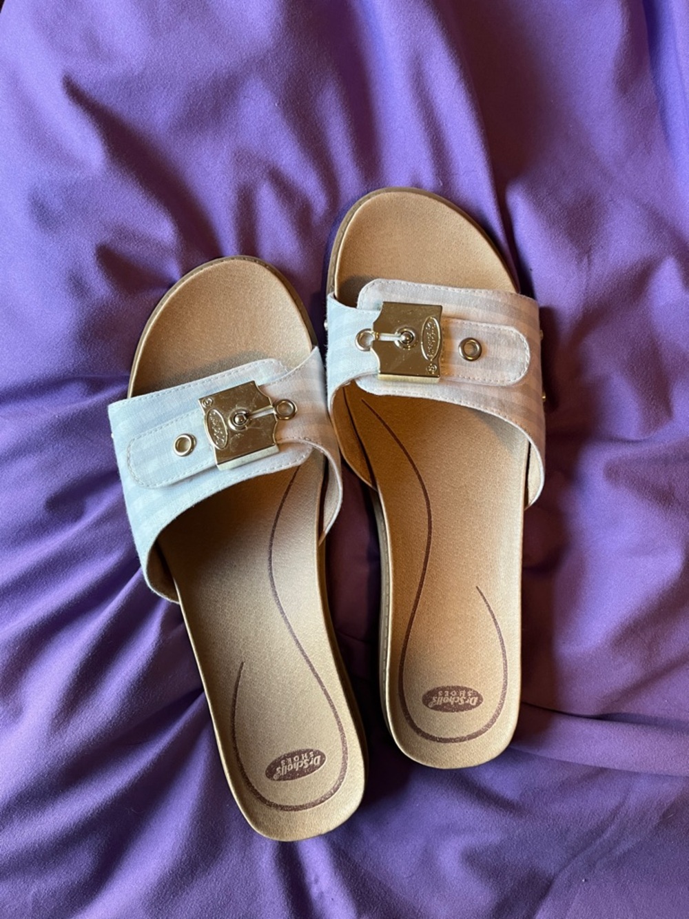 Dr. Scholl's White Slide Sandals with Gold Accent Hardware
